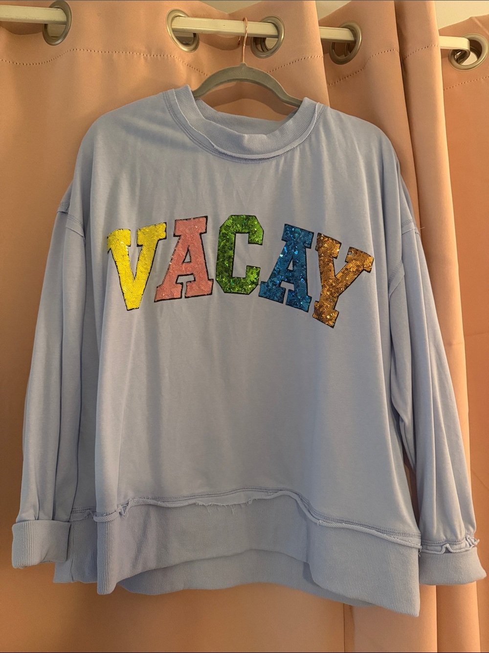 White Birch Light Blue Sequin 'VACAY' Pullover Size Large